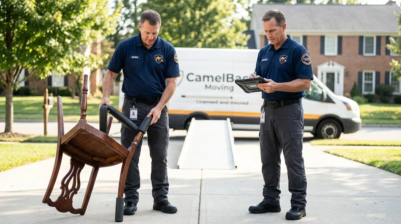 Movers inspecting furniture for damage prevention before loading in Selbyville, DE