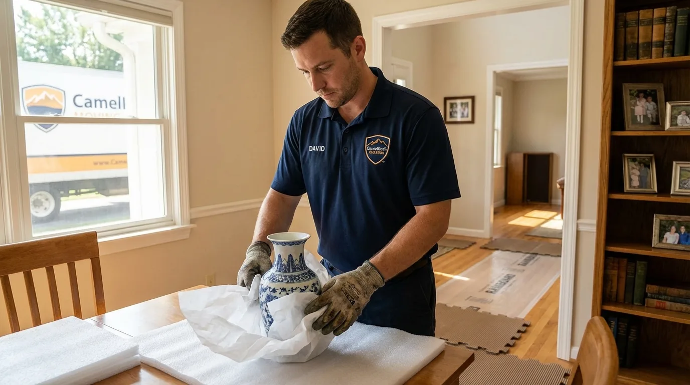 Professional crew carefully wrapping antique vase for senior downsizing move in Selbyville, DE